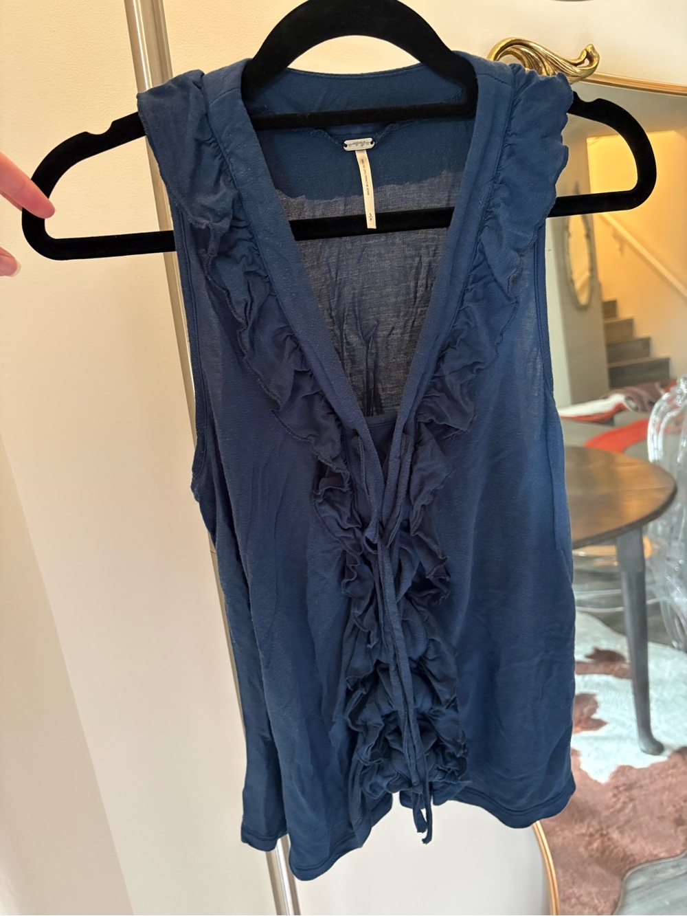 Blue Cascading Ruffle Tie Front Tank Top